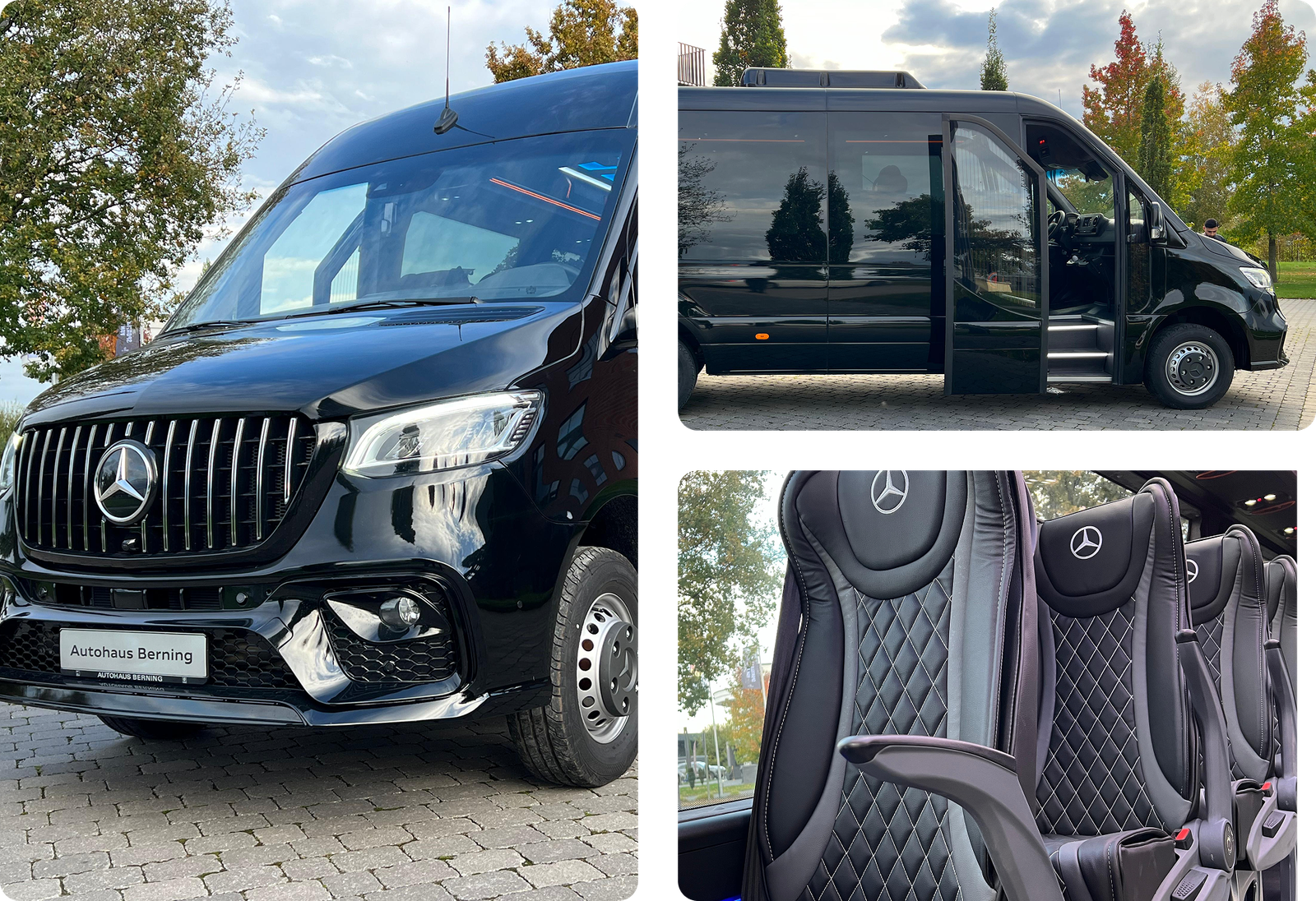 Shuttle Service München mit luxuriösem Van und Innenansicht.