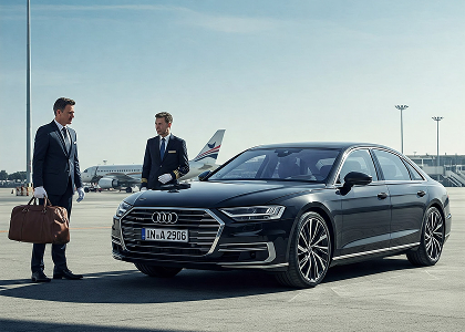 Chauffeur München mit Koffer neben Luxusauto am Flughafen.